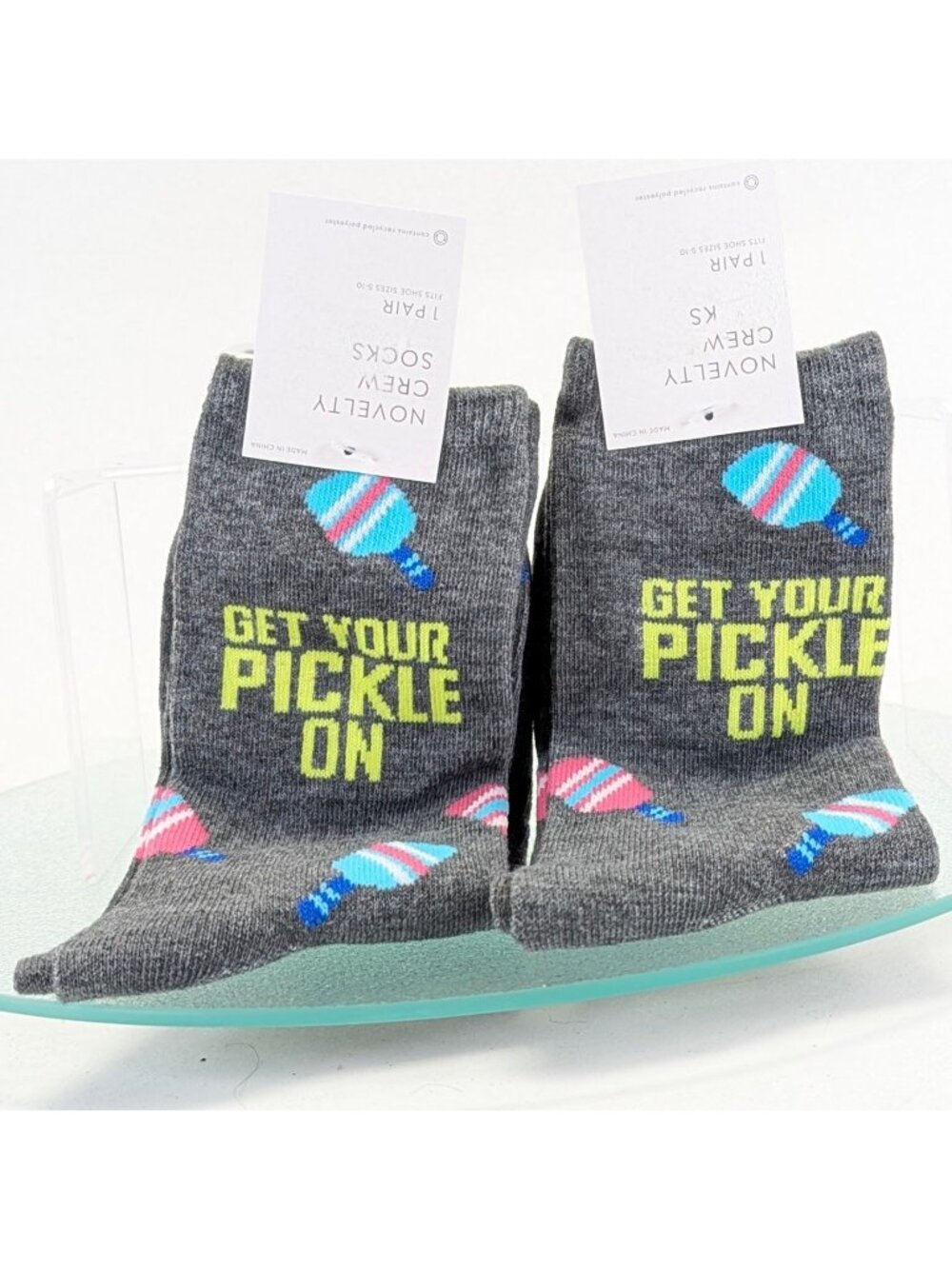 Get Your Pickle On Novelty Crew Socks Size 5-10 Gray Pickleball Design 2 Pair
